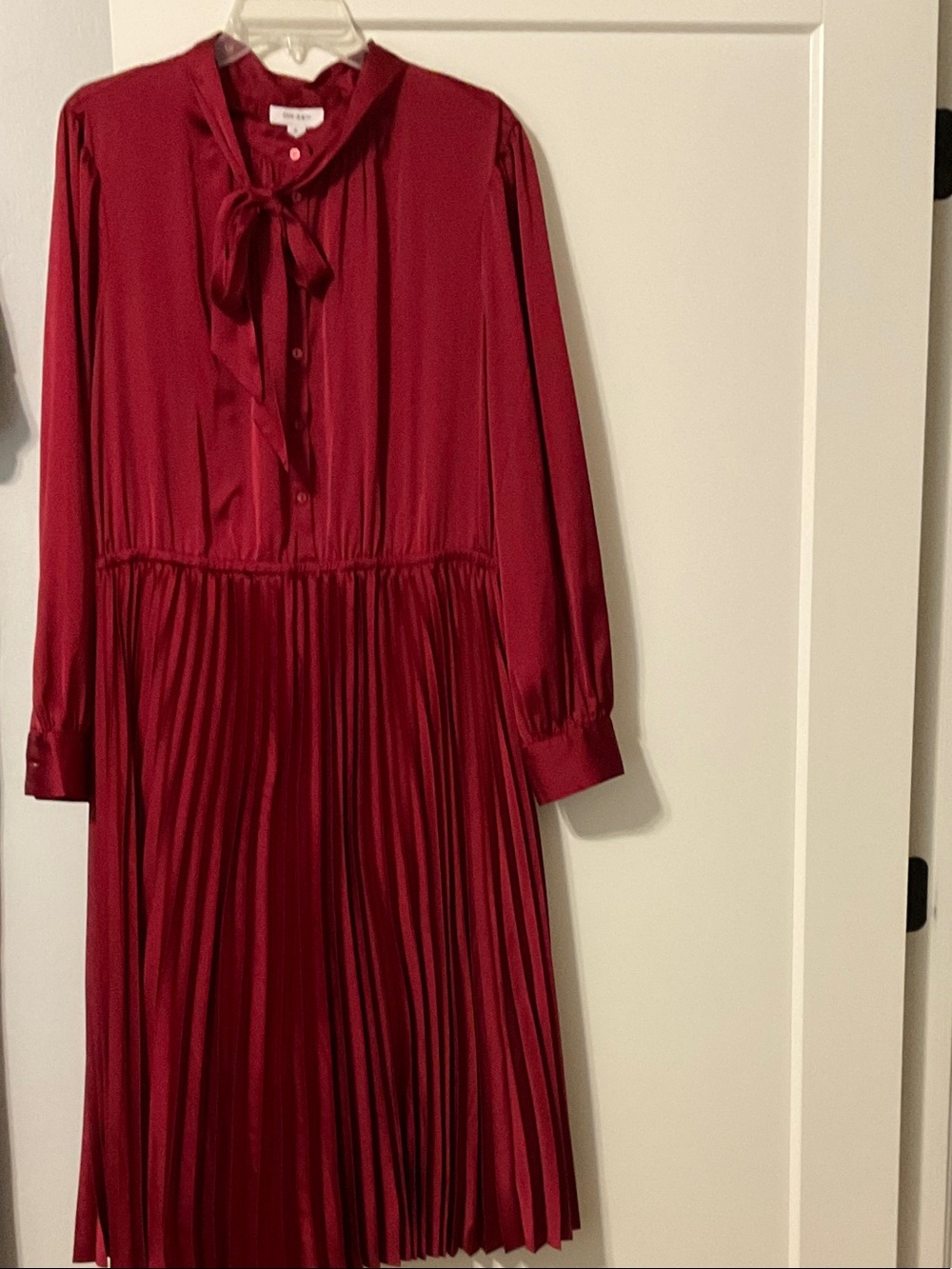 Red Pleated Long Sleeve Tie-Neck Dress